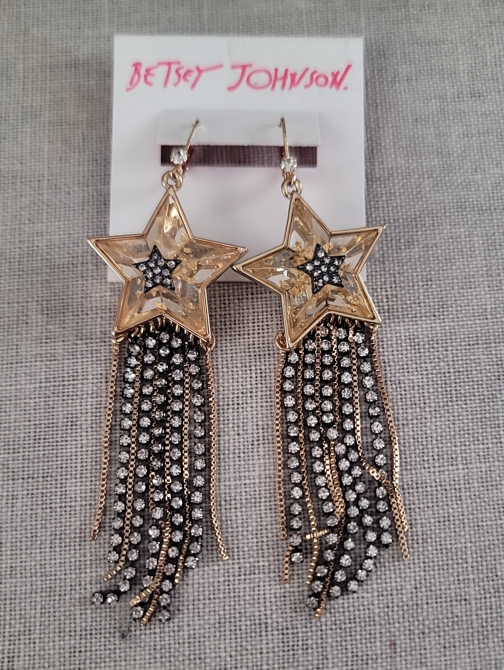 Betsey Johnson Gold Star & Black Crystal Fringe Drop Earrings